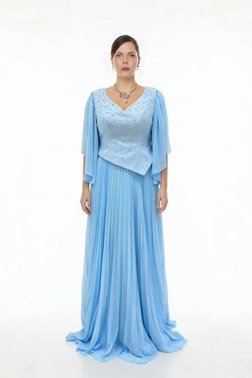 Plus Size Pleated Evening Dress with Stone Embellishments